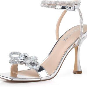 Women Strappy Bow Kitten Heels Sparkly Open Toe Sandals for Wedding Party